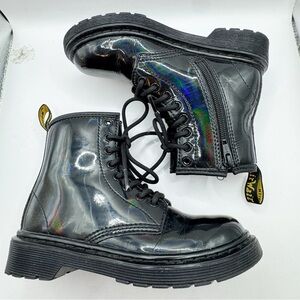 Doc Martens black rainbow iridescent patent leather combat boots zipper kids 13